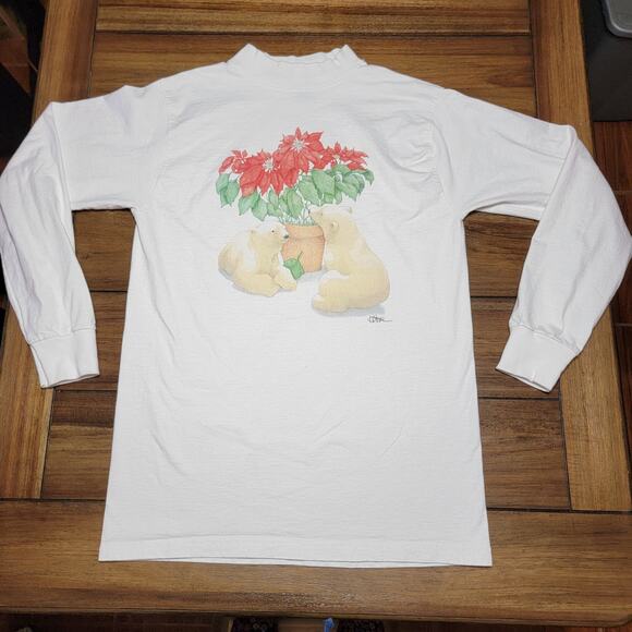 LS White Tee Polar Bears w/ Poinsettias (Fruit Of The Loom) - Size Medium - Picture 1 of 5